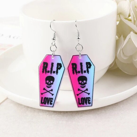 Unbranded Jewelry - 5/$20 Pink Coffin R.I.P. Skull Crossbones Earrings